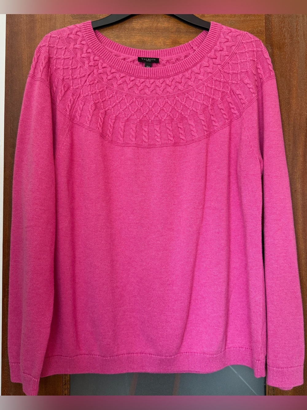 Talbots Cashmere Cotton Blend Cable Yoke Sweater Hot Pink Crew Neck Long Sleeve